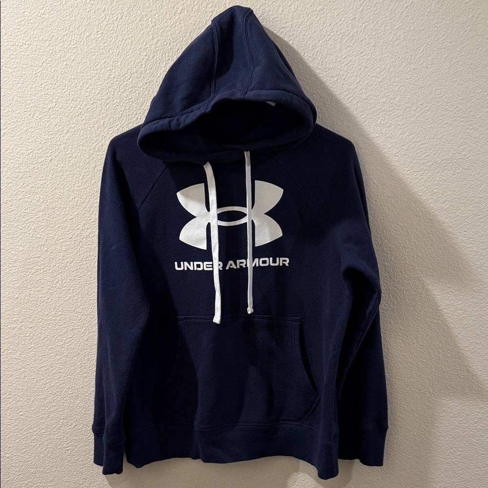 Under Armour Rival Big Logo Navy Blue Pullover Hoodie Loose Fit Small S